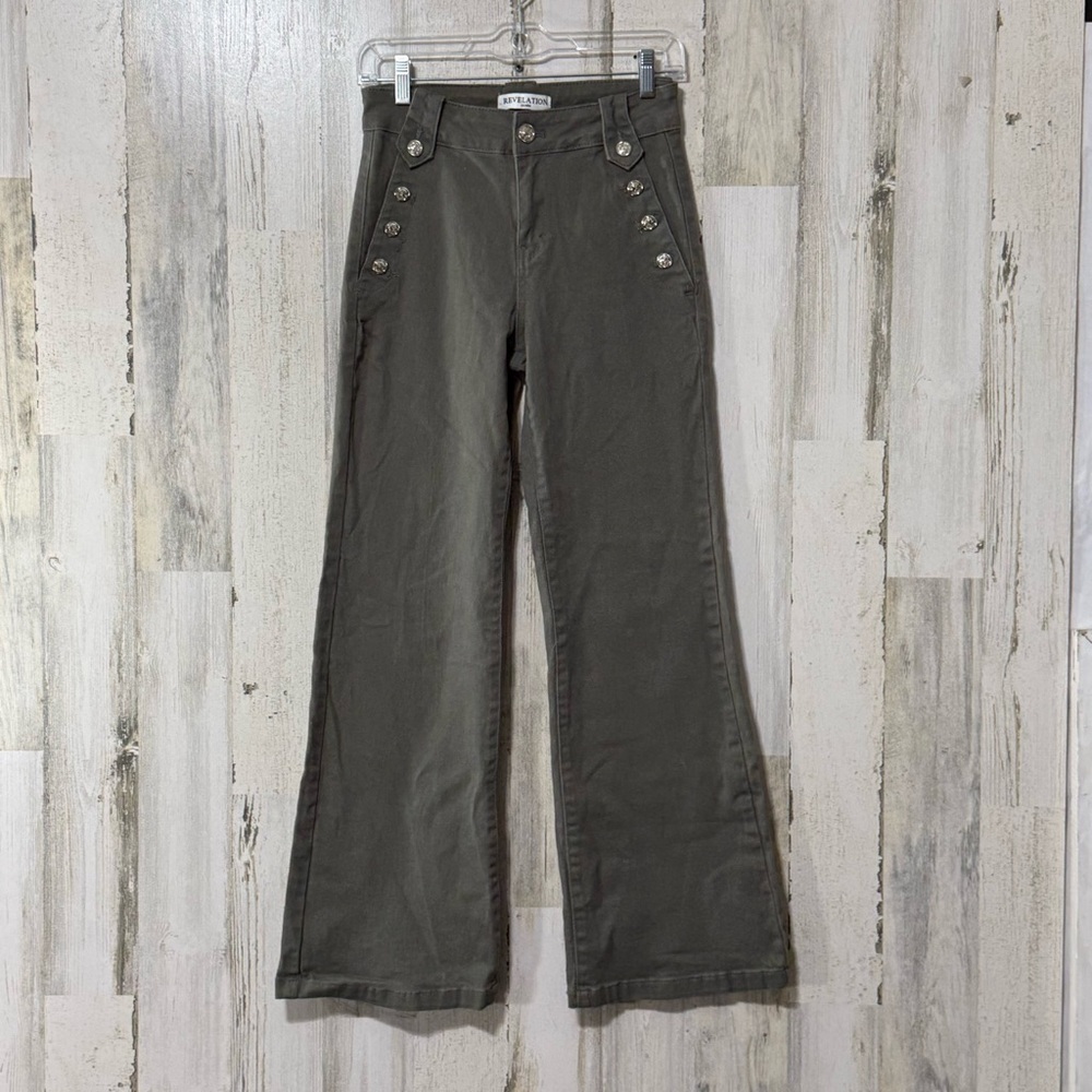 Revelation Denim Flare High Rise Button Dark Olive Wide Leg Jeans